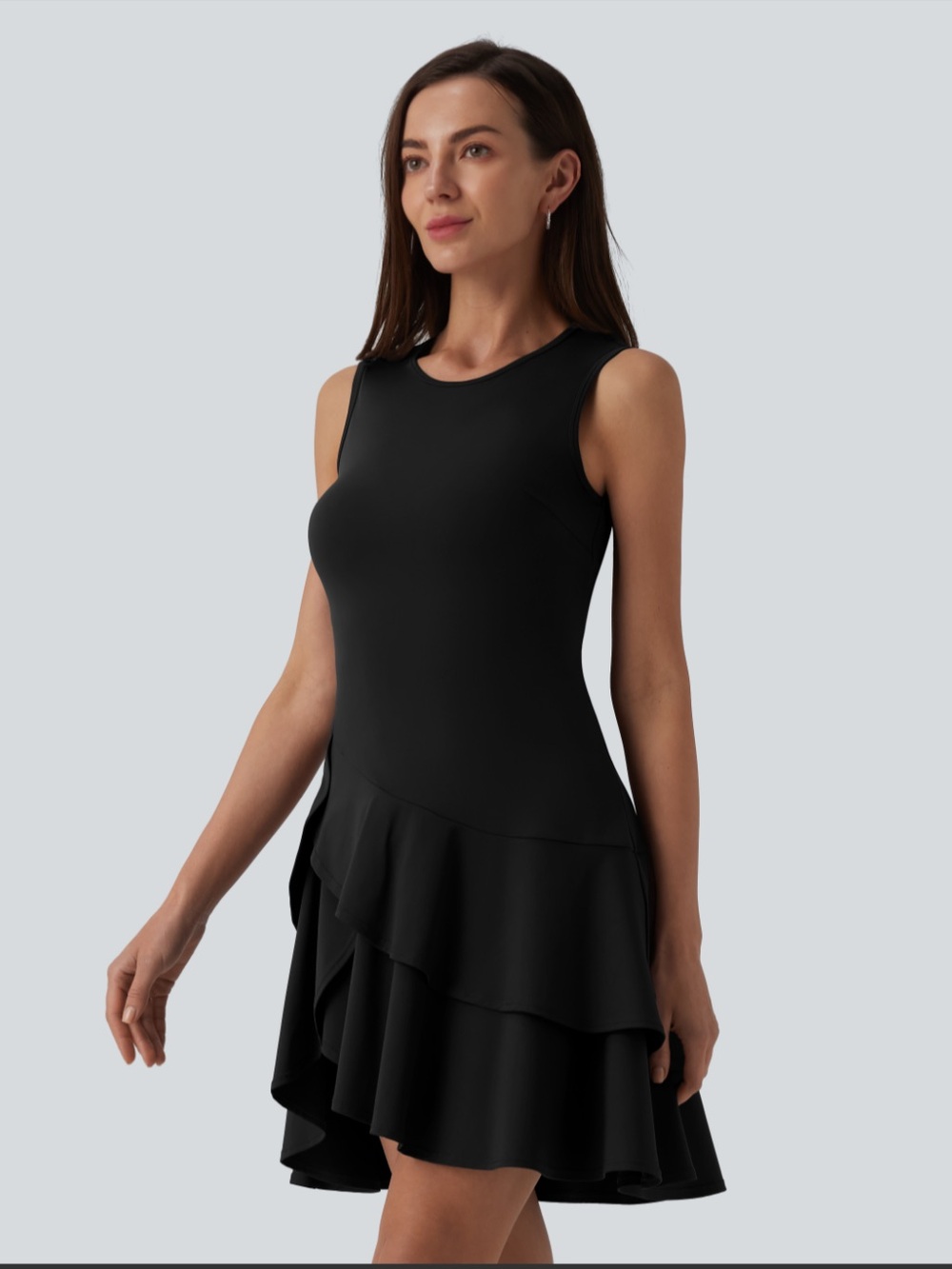 Halara SoftlyZero™ Airy Round Neck Layered Ruffle Hem Dress Black M NWT